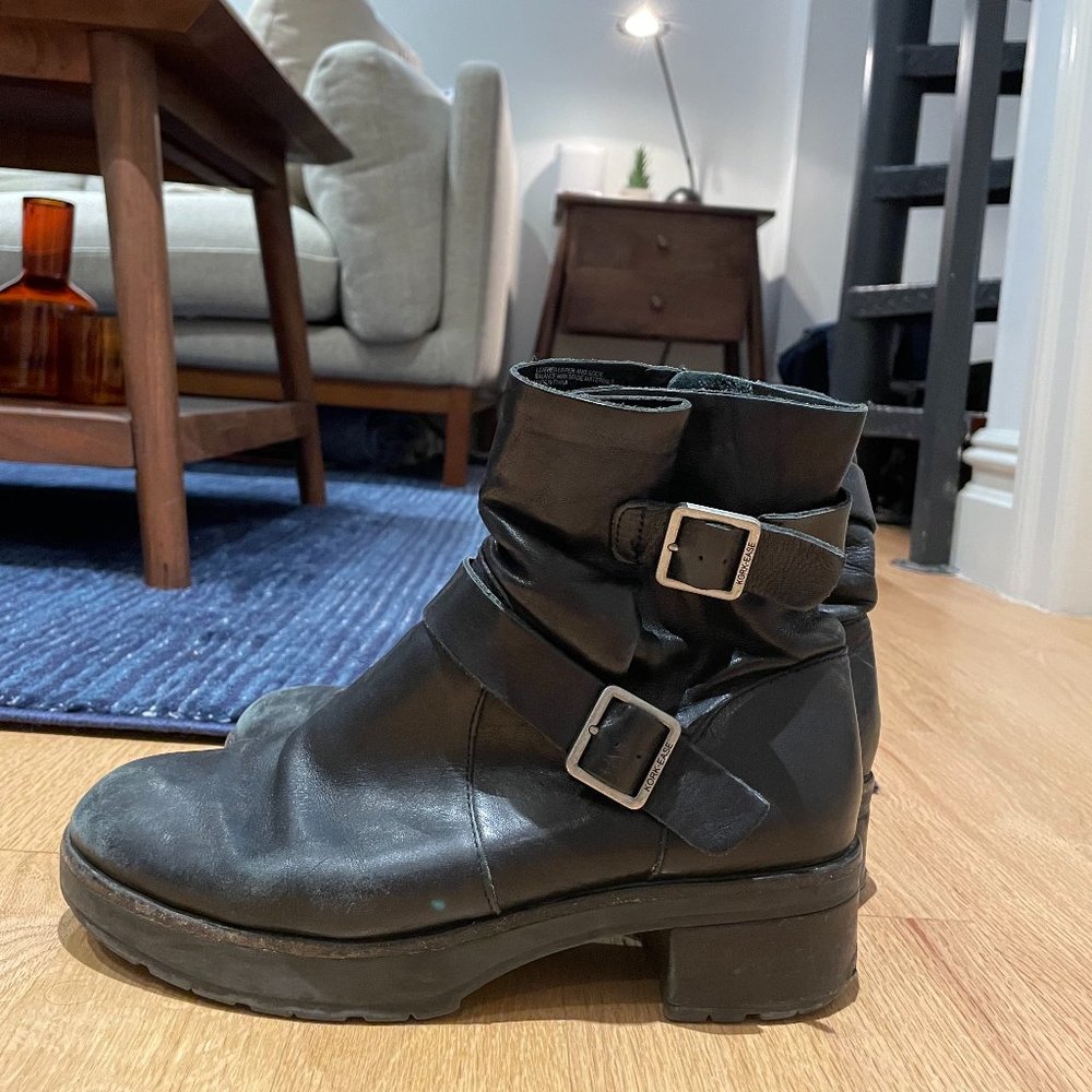 Black leather Kork-Ease moto boot with silver buckle